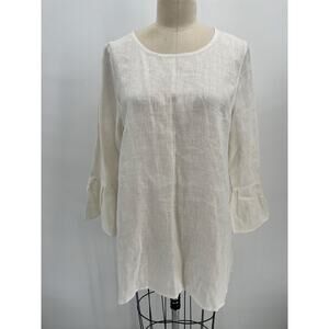 SALE Crown Linen Designs Bella 3/4 Bell Sleeve Top Sz L White High Low Tunic